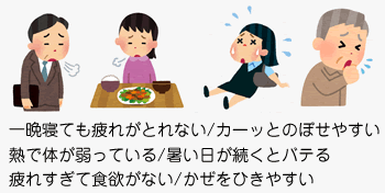 一晩寝ても疲れが取れない・カーっとのぼせやすい・熱で体が弱っている・暑い日が続くとバテる・疲れすぎて食欲がない・かぜをひきやすい